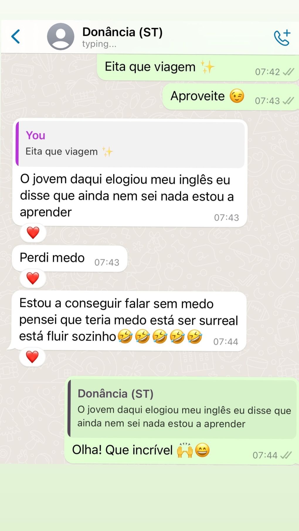 Print de conversa de WhatsApp da aluna Donância agradecendo pelas aulas: perdi medo, estou a conseguir falar sem medo.