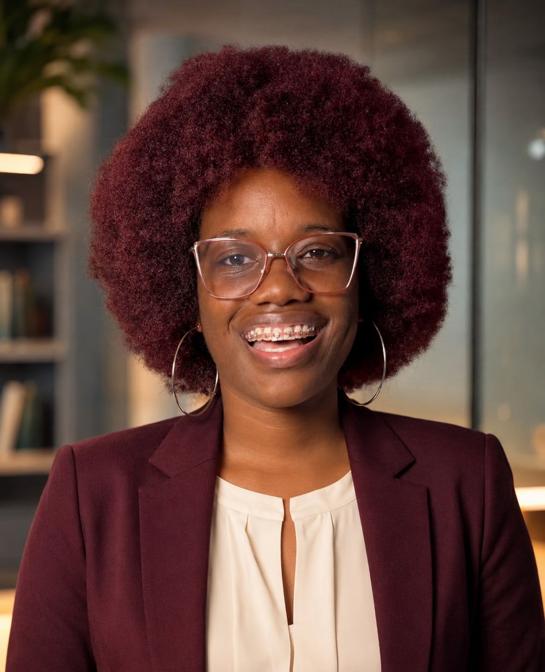 Zoey, professora da N.O.N English, sorrindo em um escritório
